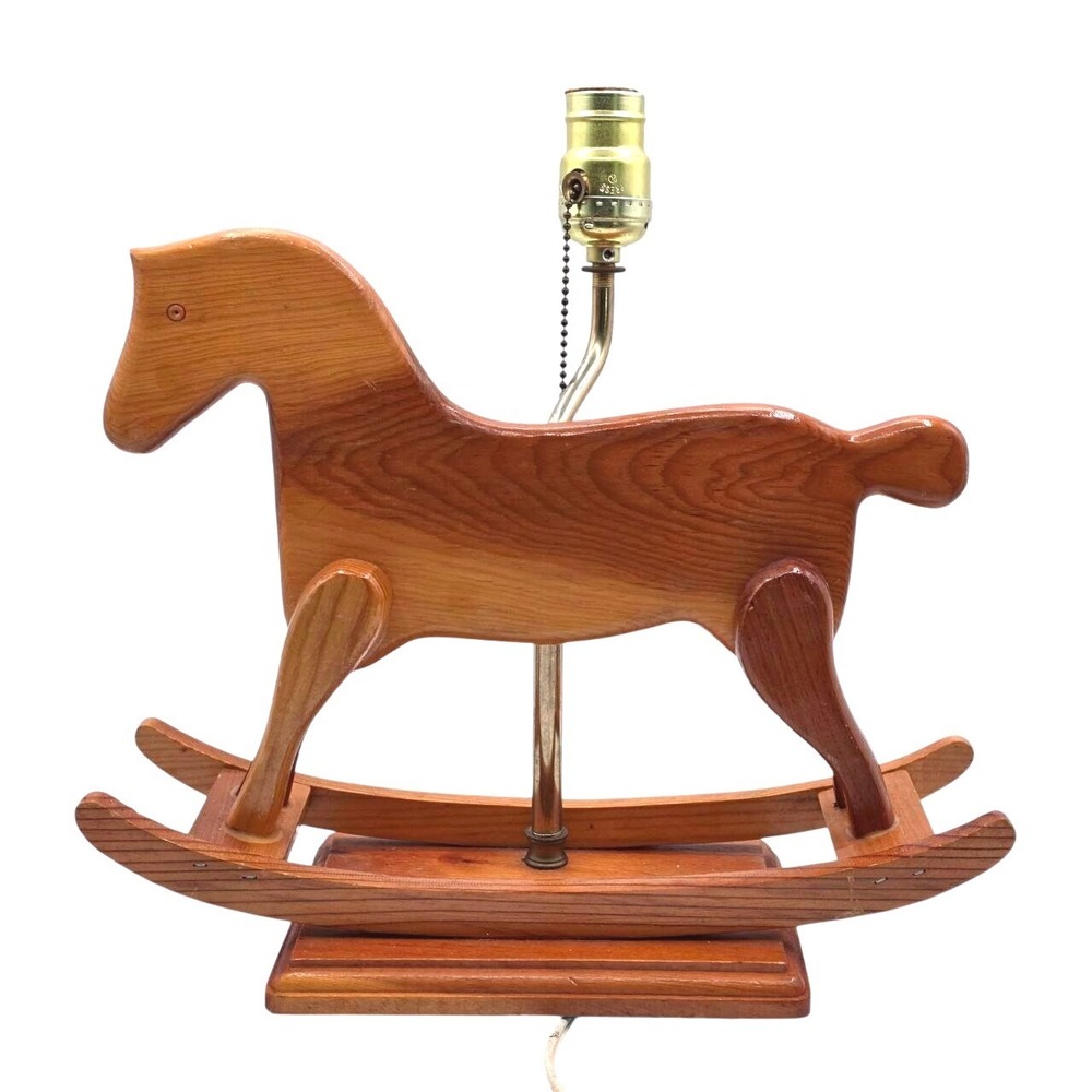 Vintage Mid Century Wooden Rocking Horse Table Lamp Retro Nursery Accent Light